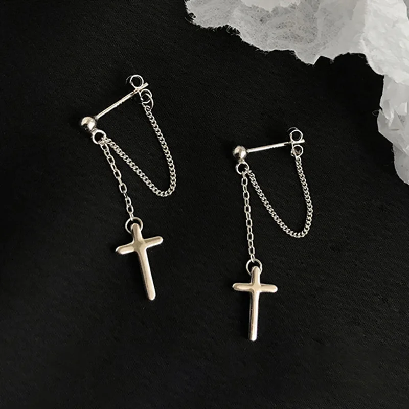 

Fashion Jewelry Drop Earrings Hip Pop Popular Style Silvery Plating Metal Chain Cross Drop Earrings For Girl Lady Gifts