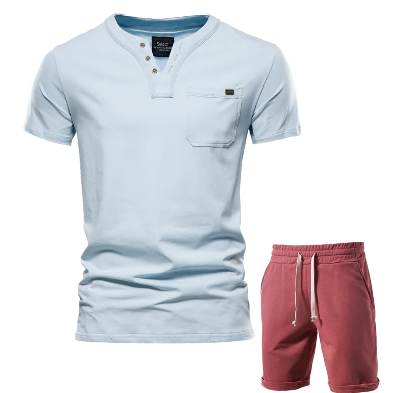 

AIOPESON Top Quality Casual Men's Sets Solid Color Summer T Shirts+shorts Two Piece Sets Men V-neck Short Sleeve Men Clothing