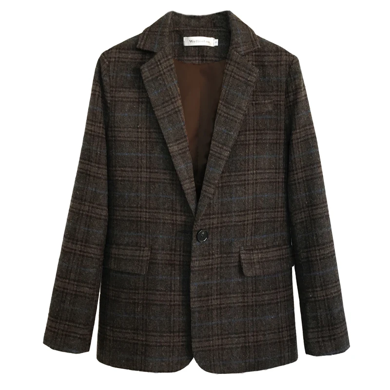 

Autumn winter Women's Plaid wool suit woman Vintage plaid suit jacket Coat casual woolen jacket Suit Plaid Slim Blazer Female