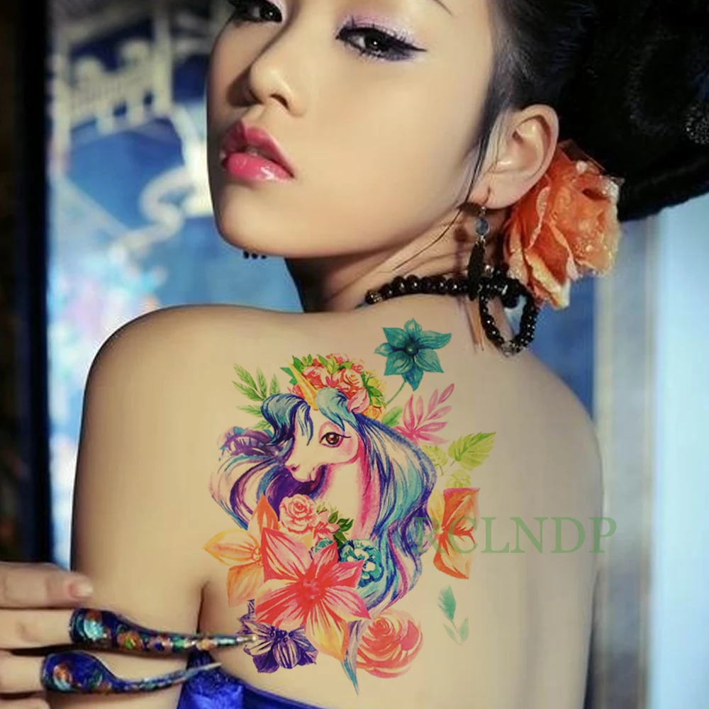 Водостойкая временная татуировка наклейка Единорог Роза цветок поддельные тату