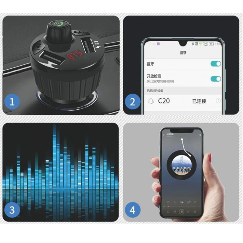 

Автомобильный Bluetooth-совместимый 5.0 беспроводной FM-передатчик, быстрая зарядка QC3.0, USB-зарядное устройство, радиоадаптер, музыкальный плеер/а...