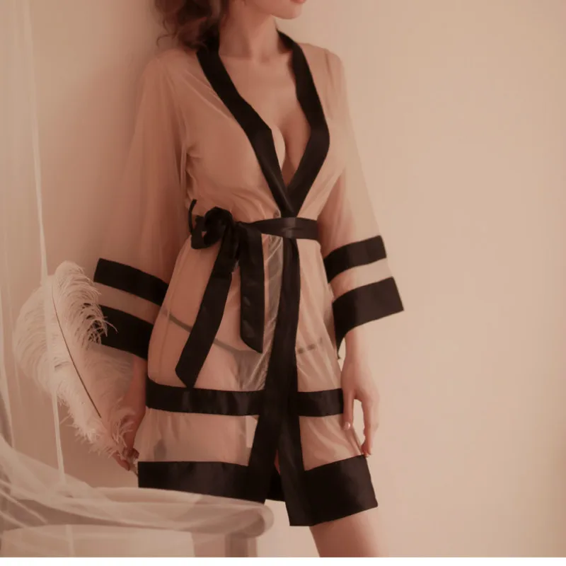 

Sexy Robe Nightgown Underwear Mesh Cardigan Style Sleeves Bathrobe Clothes See-through Kimono Robes Silk Sleepwear for Women