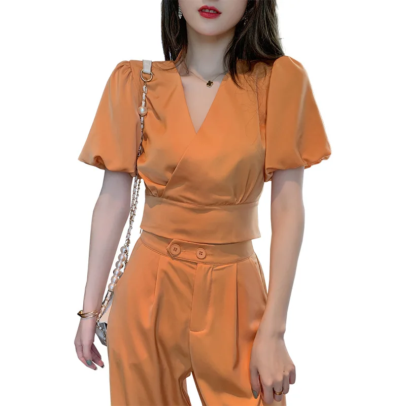 

Women Sheer 2 Piece Set Summer 2020 Lantern Sleeve Orange Blouse and Corset Wide Legging Pants Woman Streetwear Two Piece Set