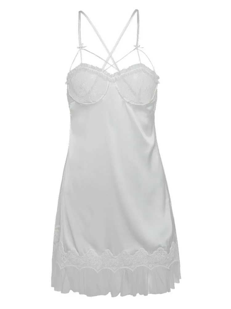 

CHOHILL Spring Summer Sexy Nightdress Women Autumn and Winter Lace Pajamas Lotus Leaf Lace Strapless Girl Pajamas Lingerie