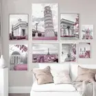Современный постер в скандинавском стиле, настенное искусство, серый, розовый принт, Европейское здание, архитектура, холст, живопись, домашний декор, декор для гостиной