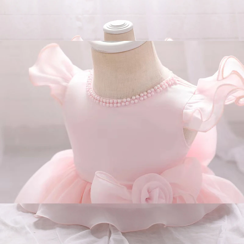 

Flower Girls Dresses Illusion O-Neck Short Pearls Appliques Knee-Length Tulle Lace Luxury Pink Bow Kids Party Princess Gown F587