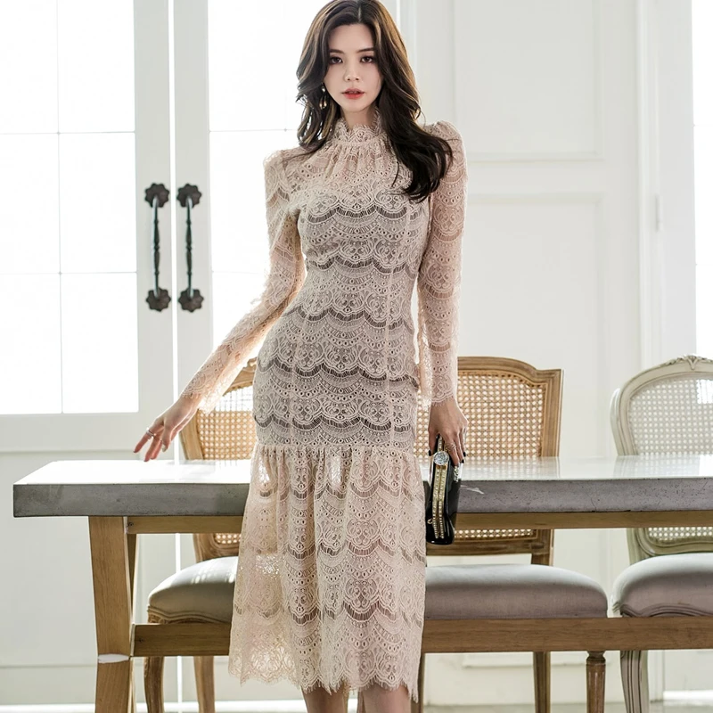 Женское вечернее кружевное платье макси с длинным рукавом и воротником