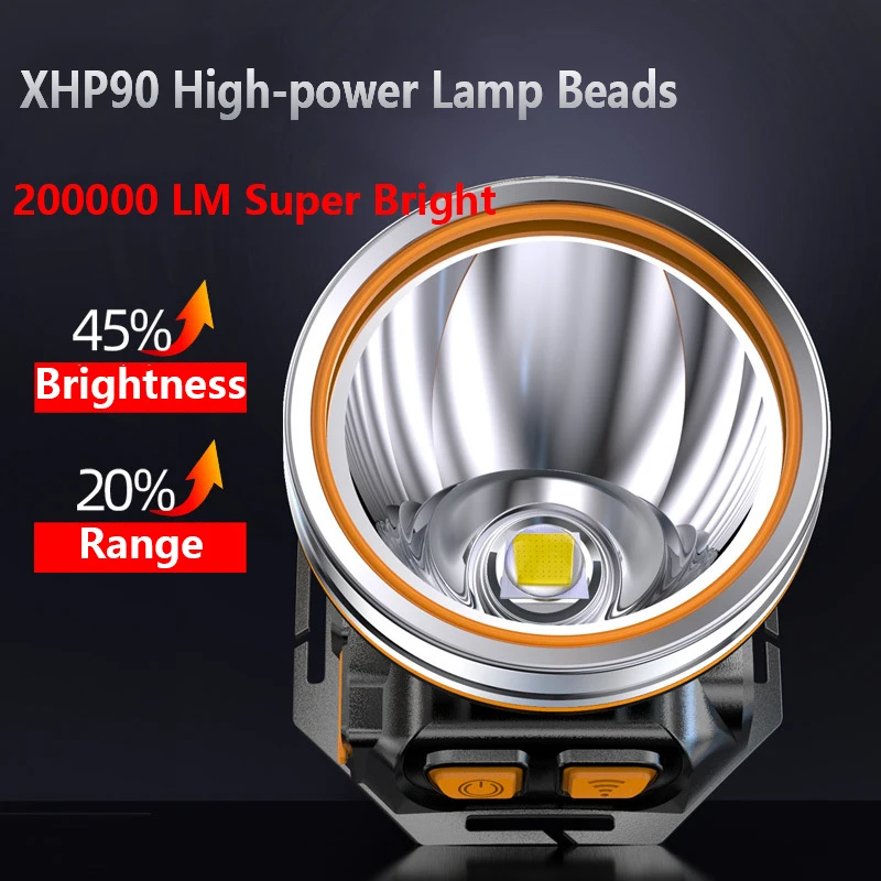 Мощный светодиодный налобный фонарь 300000 лм XHP90.2 водонепроницаемый Головной со