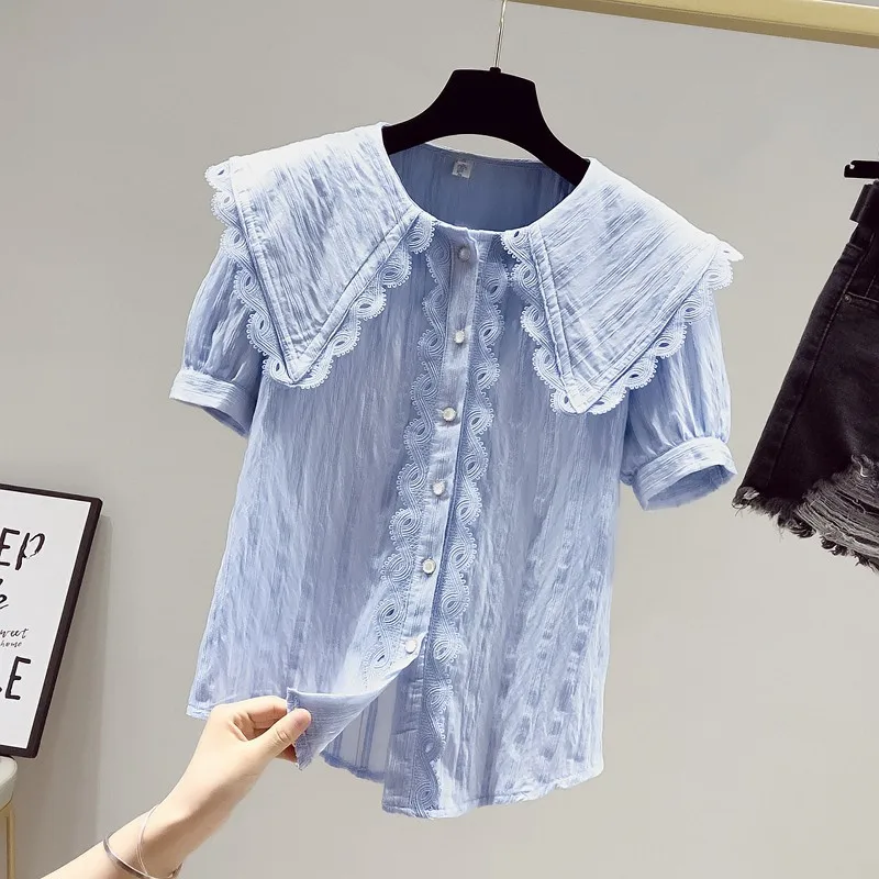 

Women Summer Short Sleeve Casual Shirts New Arrival 2021 Fashion Korean Style Lace Peter Pan Collar Ladies Elegant Tops W383