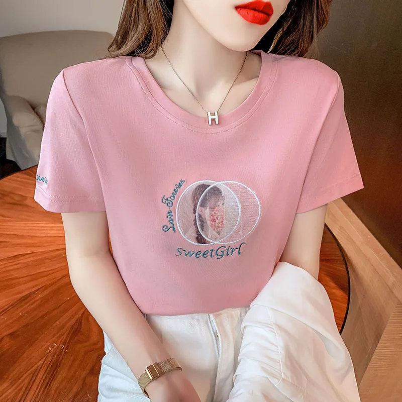 

Europe Style Short Sleeves embroidery T Shirt Short Hot Sales Female Tshirt Women Fashion Graphic T-Shirt 2021 t shirts tops