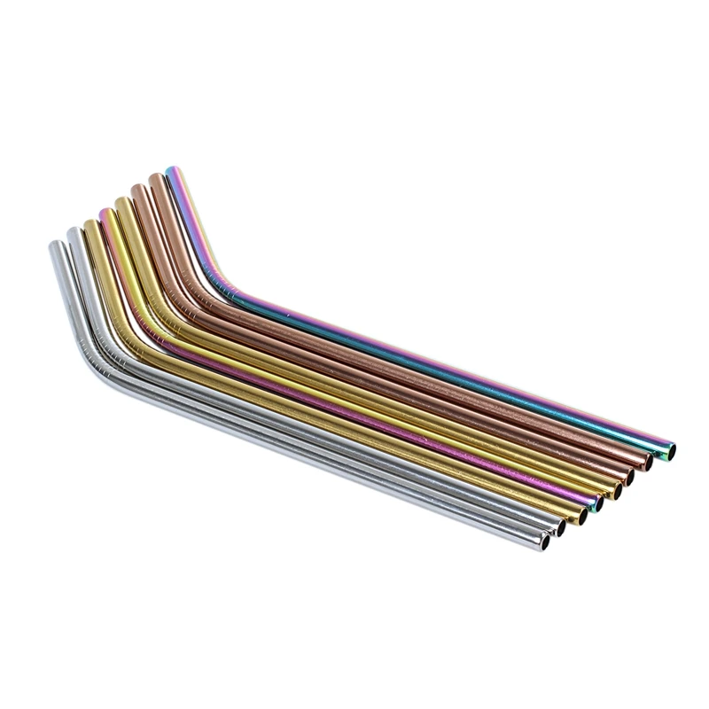 10 Pack - Stainless Steel Coloured Reusable Straws Includes 2 Long Cleaning Brushes Promotion | Disposable Party Tableware
