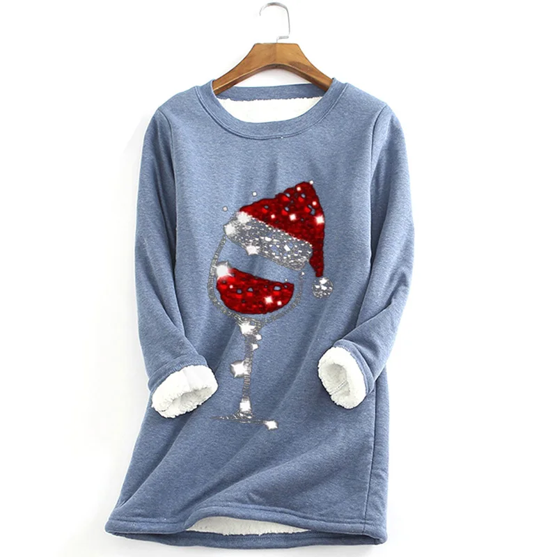 

Winter Women Fleece Sweatshirt Velvet Warm Solid Color Casual Christmas Print Round Neck Elegant Tops Pullover Plus Size