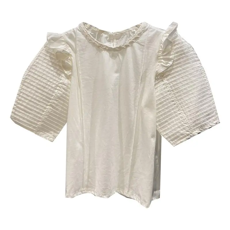 

Bubble Fold Sleeve White T Shirt Women 2021 Summer New Style Splicing Design Lady Shirt Short Sleeve T-Shirt
