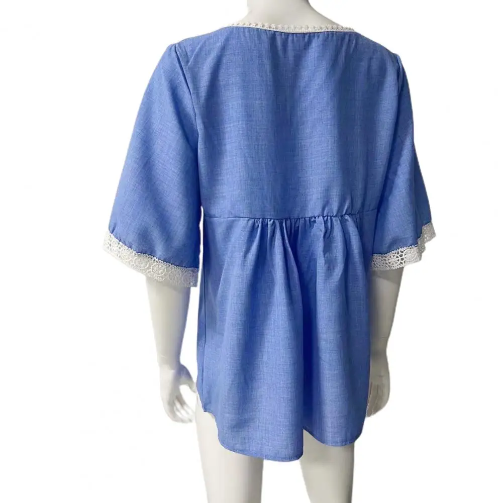 Однотонная женская рубашка с V-образным вырезом и рукавом до локтя | Женская