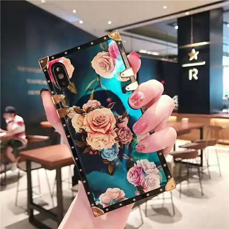 

Luxury Blue Ray Flower Rose Square Phone Case For iphone 11 12 Pro Max XR XS X SE 6S 7 8 Plus + Holder Soft Silicone Back Cover