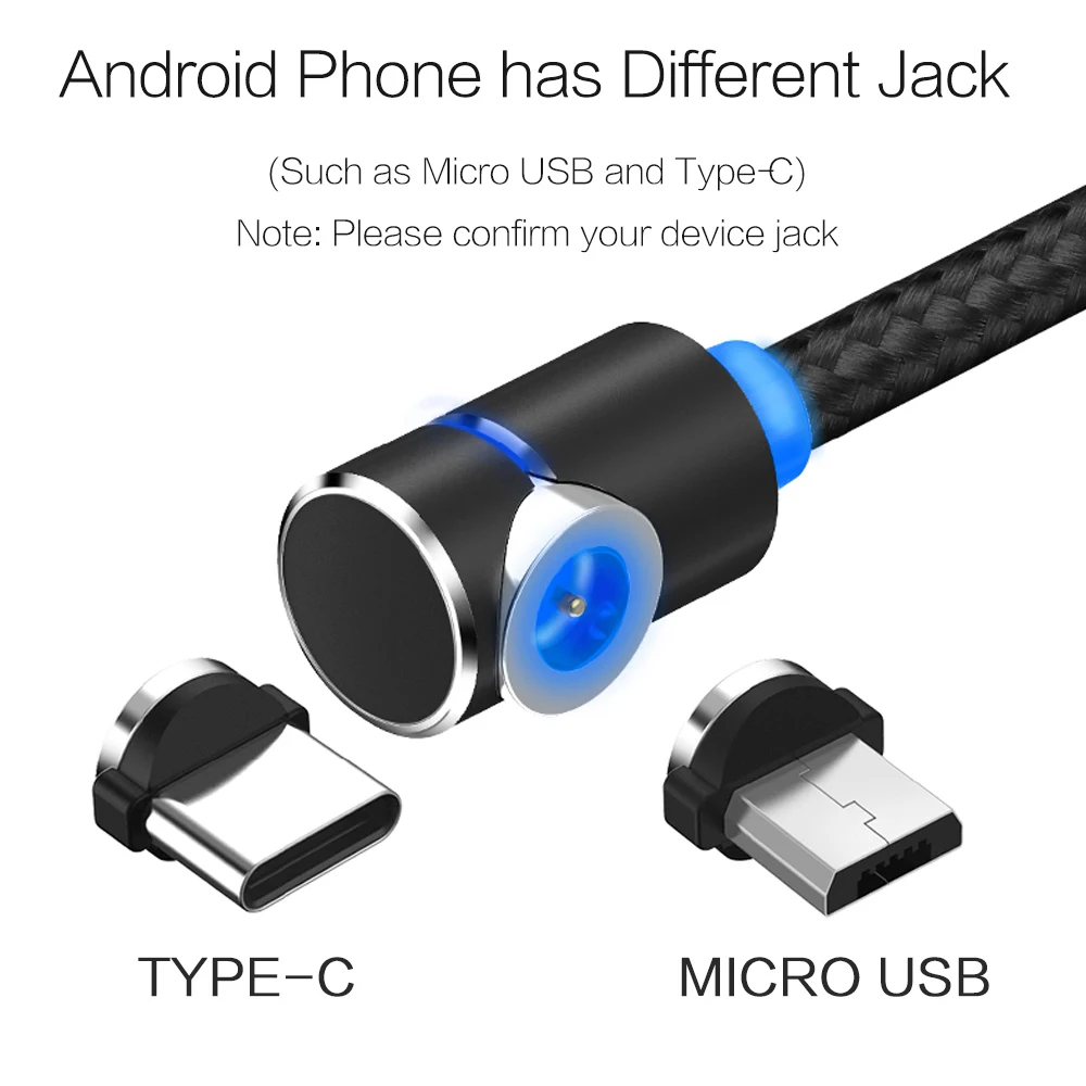 STONEGO светодиодный магнитный Micro USB кабель 90 градусов L Форма Магнит USB зарядное устройство кабель для Micro USB порт и разъемы 1 м 2 м 3 м