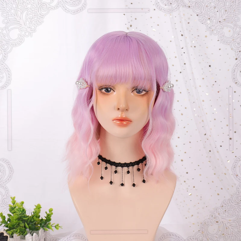 

MANWEI Short wavy hair with bangs Lolita Cosplay Party Synthetic Wigs wig Purple Pink women Afro Natural Hair Wigs