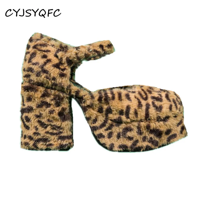 CYJSYQFC Women Round Toe Leopard Furry Fur Mixed Colors Platform Pumps Sexy Ankle Belt Buckle Strappy Block Heels Plush Shoes