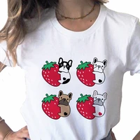 dog french bulldog strawberry cartoon tops print ladies casual basics o collar white shirt short sleeve ladies t shirtdrop ship