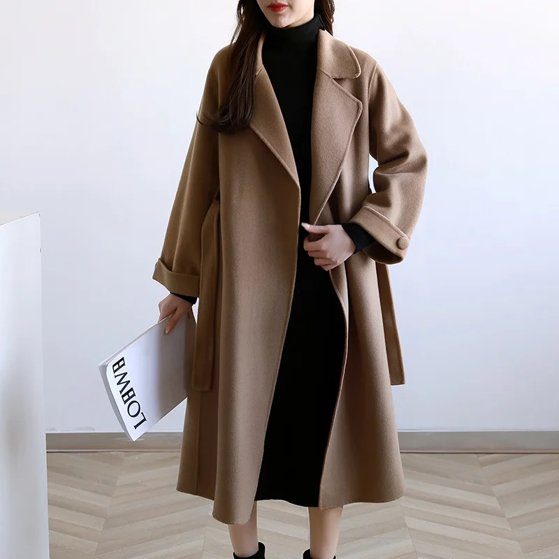 Женское двустороннее кашемировое пальто корейское свободное шерстяное средней
