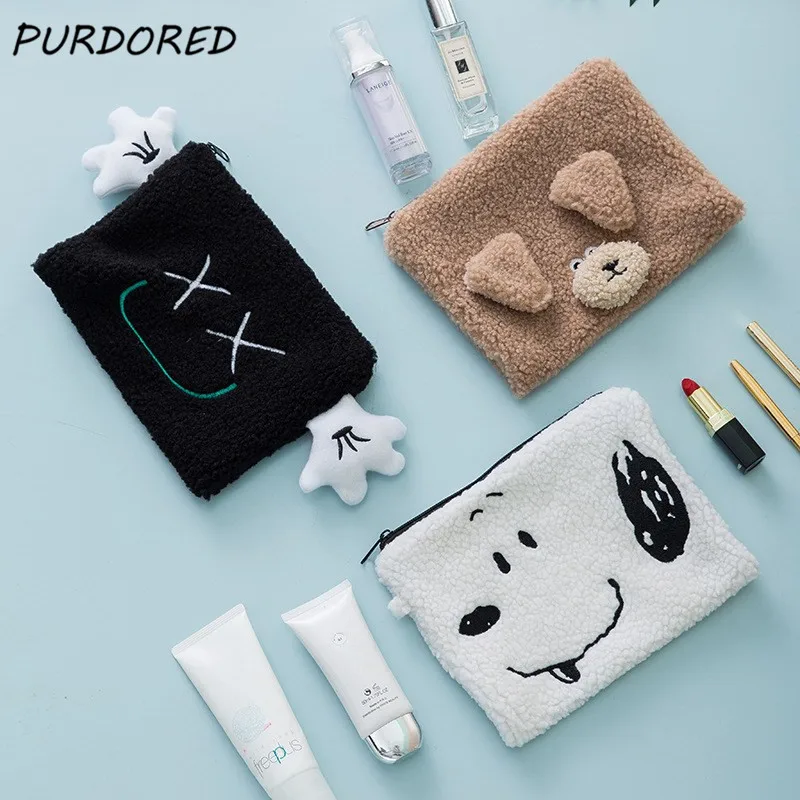 PURDORED 1 Pc Cute Animal Makeup Bag Soft Lamb Wool Women Cosmetic Zipper Travel Female Make Up Pouch Student Pencil | Багаж и сумки