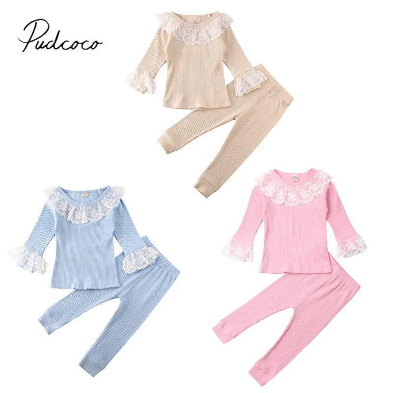 

Осенний комплект одежды для маленьких девочек Pudcoco 2020, Кружевной Топ с длинным рукавом и оборками, футболка и штаны, комплект из 2 предметов, ...