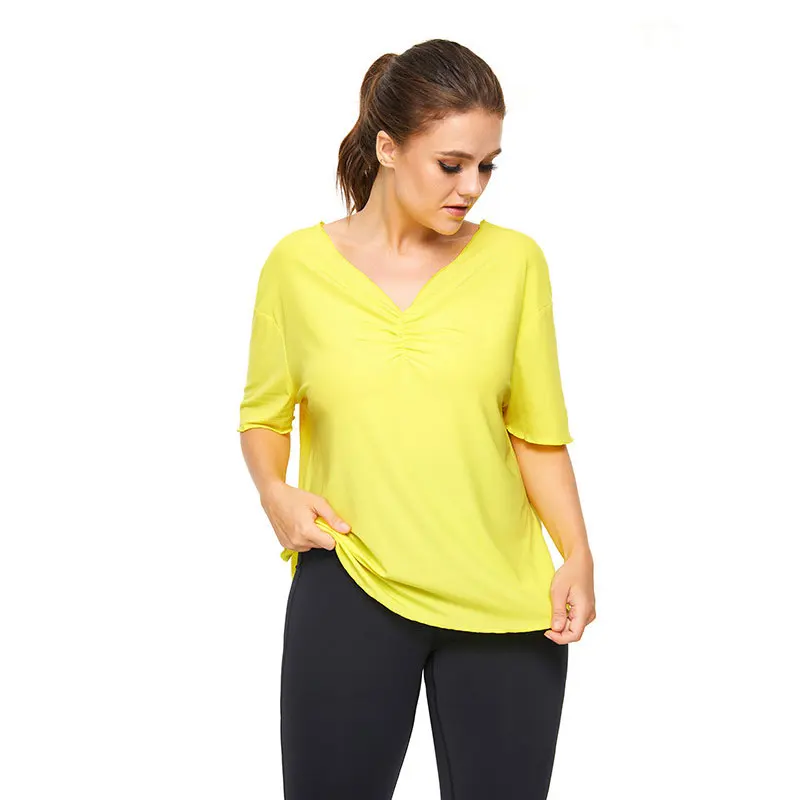 

New Summer V-neck Split Yoga Shirts Women 4XL Loose Workout Sports T-Shirt Female Half Sleeve Yellow Fitness Tops Large Size