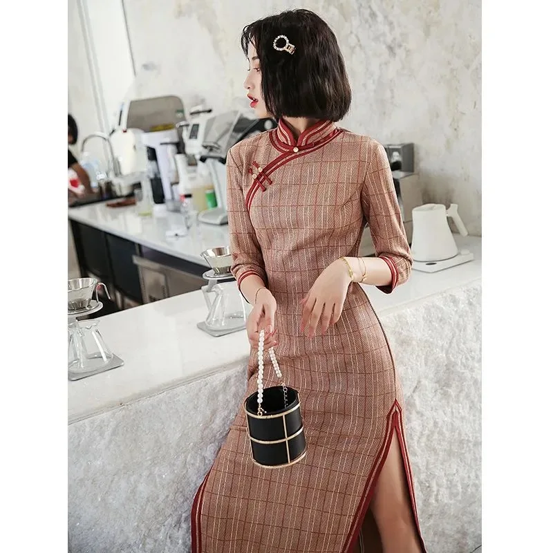 Китайский национальный Ципао платья в клетку пикантное платье средней длины