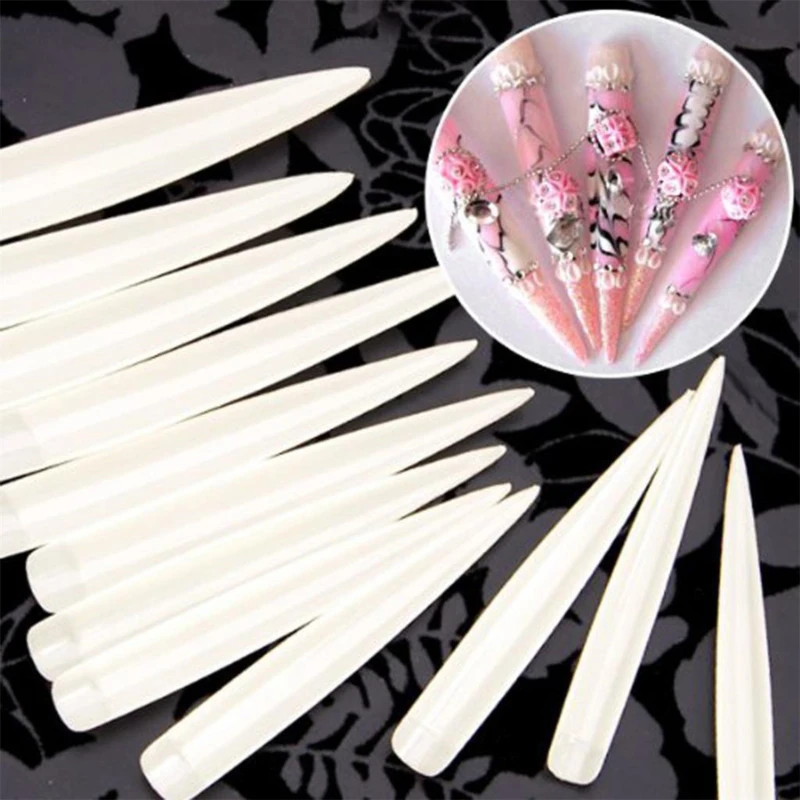 12pcs/set False Nails Natural /Clear/White Stiletto Sharp French Artificial Acrylic Fake Long Tips Design Femme | Красота и здоровье