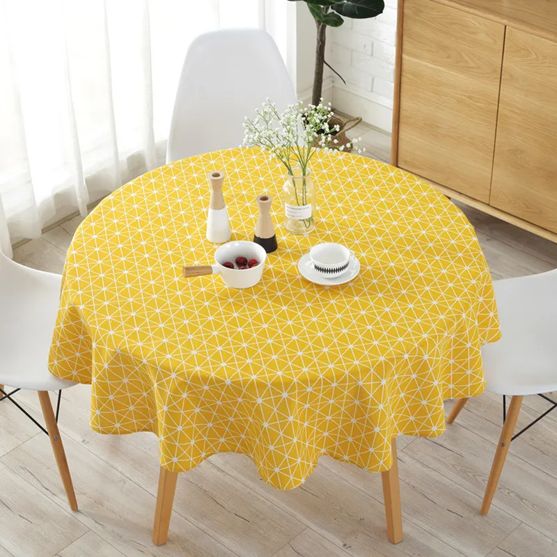

Toalha de mesa redonda de algodão, toalha de mesa lavável com listras coloridas e padrão de árvore de natal para mesa de chá