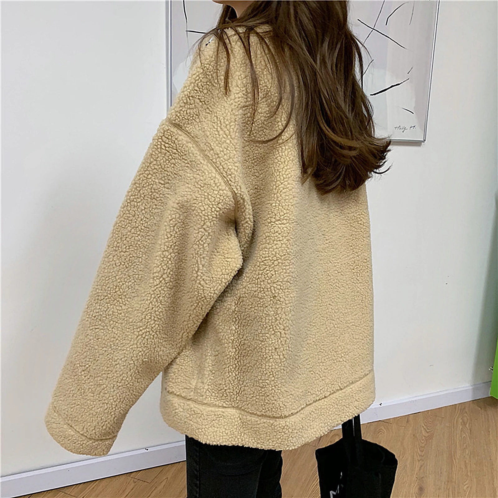 

Women Autumn Winter Stand Collar Long Sleeve Faux Fleece Loose Warm Coat Jacket