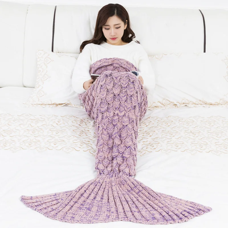 

Soft Knitted Mermaid Tail Blanket Crochet Hand Anti-Pilling Portable Yarn Sleeping Blankets Birthday Christmas Gift All Seasons