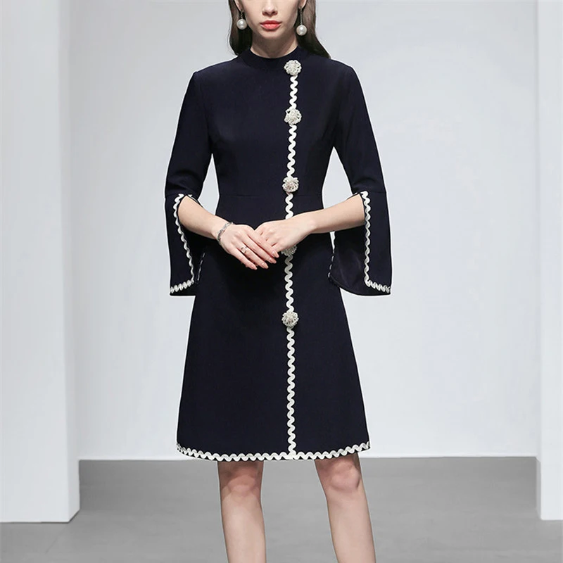 

Женское модельное платье с расклешенным рукавом, дизайнерское праздничное офисное платье с жемчугом, весна 2022