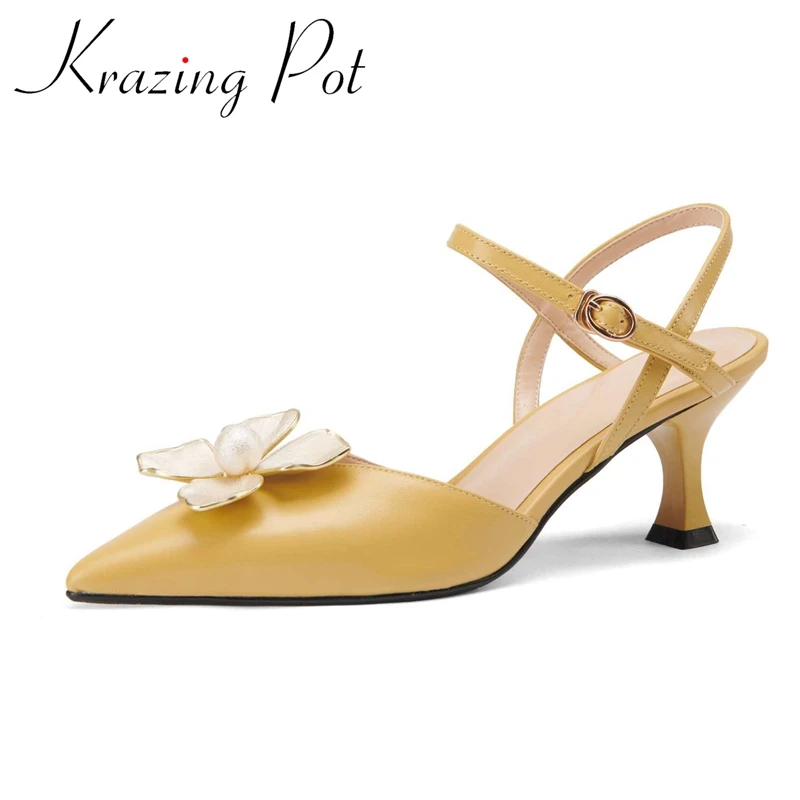 

Krazing pot new big size genuine leather pointed toe high heel flower pearl sweet girls energy buckle straps summer sandals L6f3
