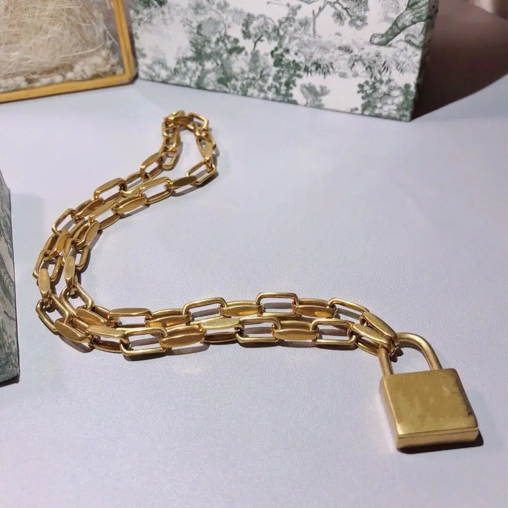 

Fashion famous brand jewelry Vintage lock choker padlock coller embossed logo brass heavy chain link bracelet jewelry set women