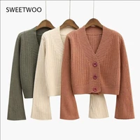 2021 cardigan autumn long flare sleeve short sweater women ribbed knitted cotton tops black white ladies soft outwear female