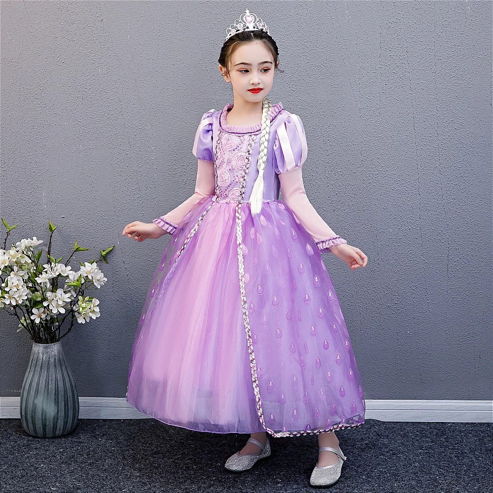 

Halloween Children Girl Tangled Princess Long Sleeve Dress Winter warm Rapunzel Costume dress