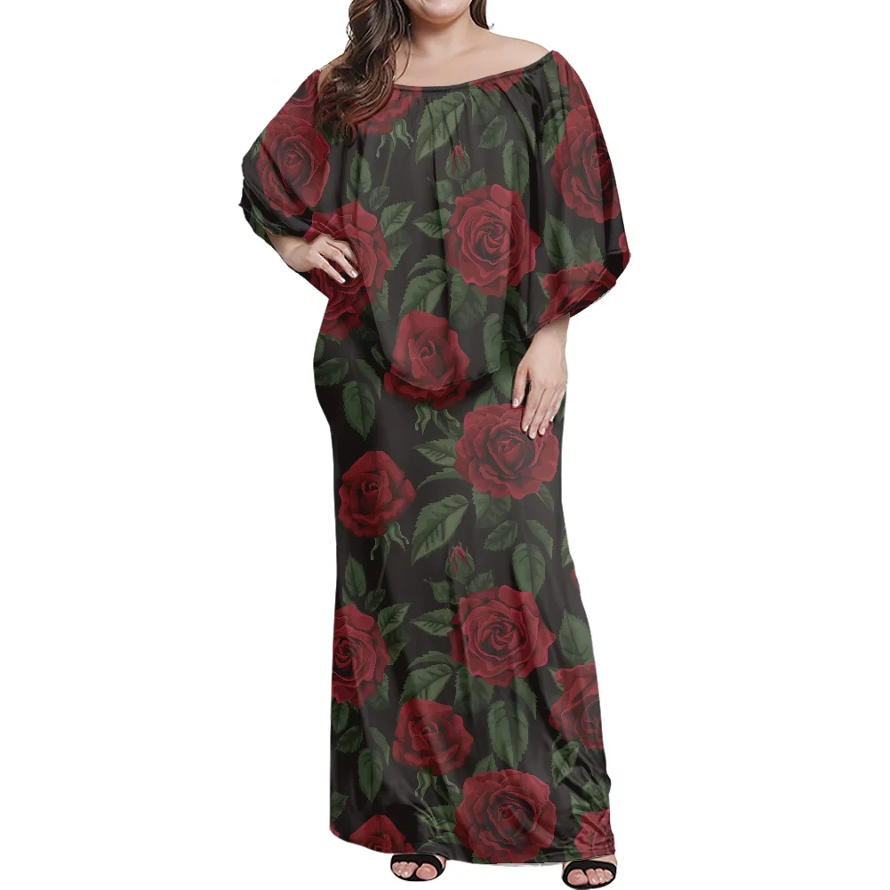 

New Arrivals Fall Off Shoulder Bodycon Maxi Dress Samoan Tribal Women Frill Vintage Rose Pattern Dresses Plus Size Clothing