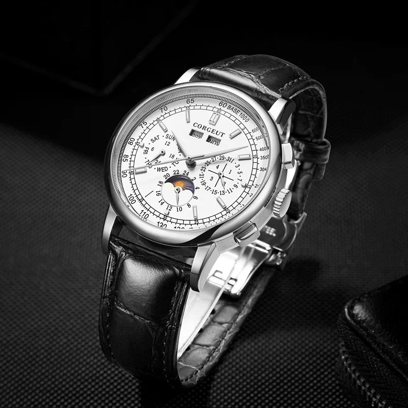 Corgeut Moon Phase Wristwatches 42mm Top Brand Mechanical White Dial Silver Year Day Month Week 316L SS Case Automatic Watch Men