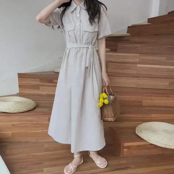 Mori Girl летнее женское длинное платье с отложным воротником синее Полосатое