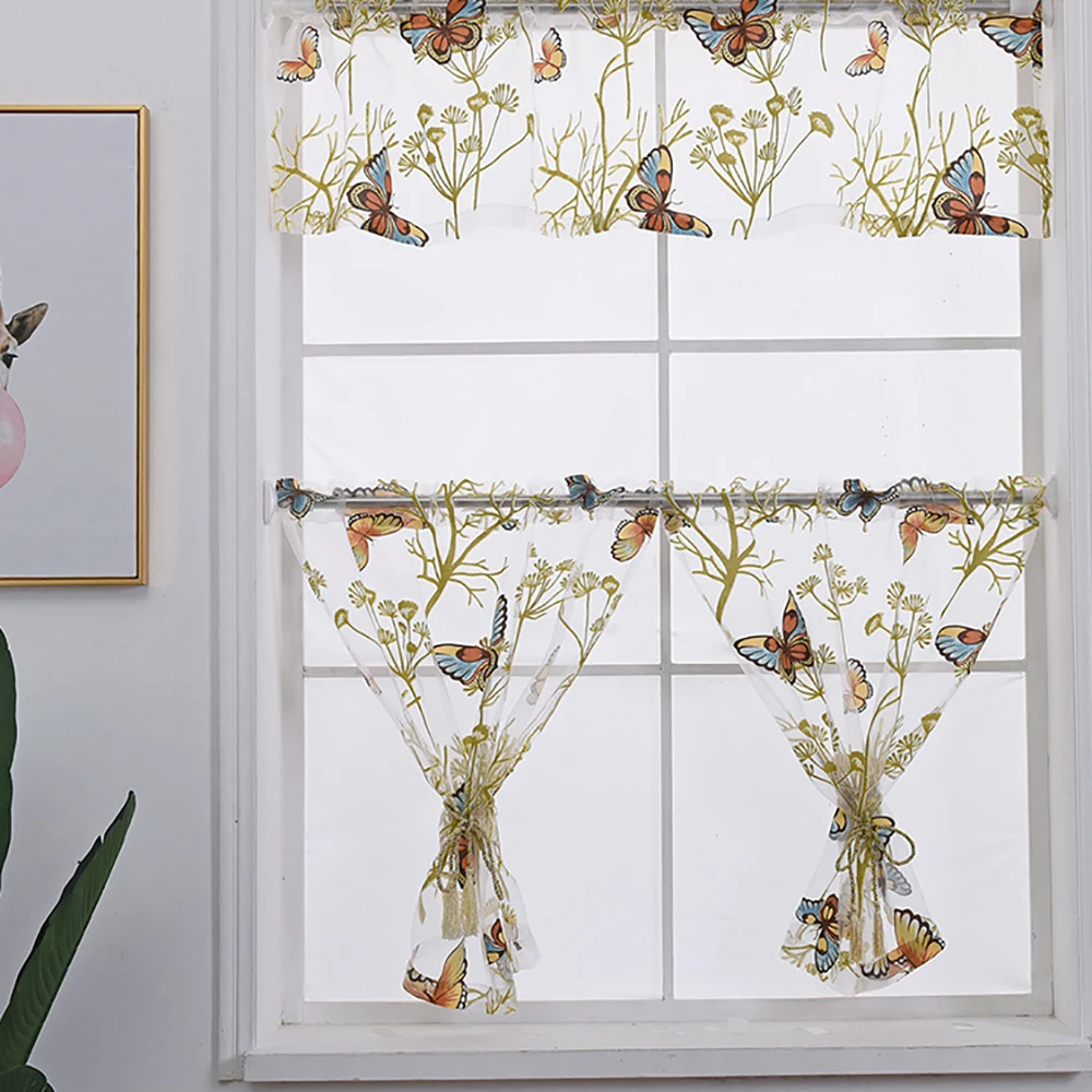 

Lychee 3pcs Butterfly Printed Window Short Tulle Curtains Organza Voile Curtain for Living Room Modern Window Curtains