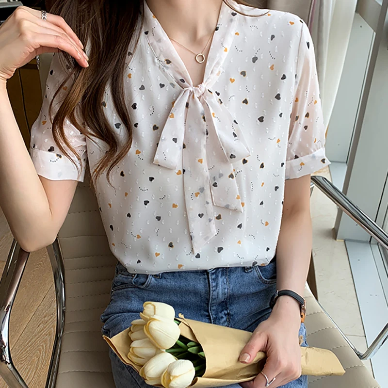 

Bow Floral Chiffon Blouse 2021 Summer Tops Japan Style Short Sleeve Pullover Korean Women Shirts Woman Clothes Chemisier Femme