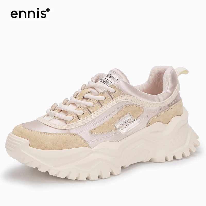 

ENNIS Fashion Lace Shoes Women Thick Bottom Sneaker Suede Leather Mesh Shoes Female Casual Spring Sports Shoes Beige Black Y103