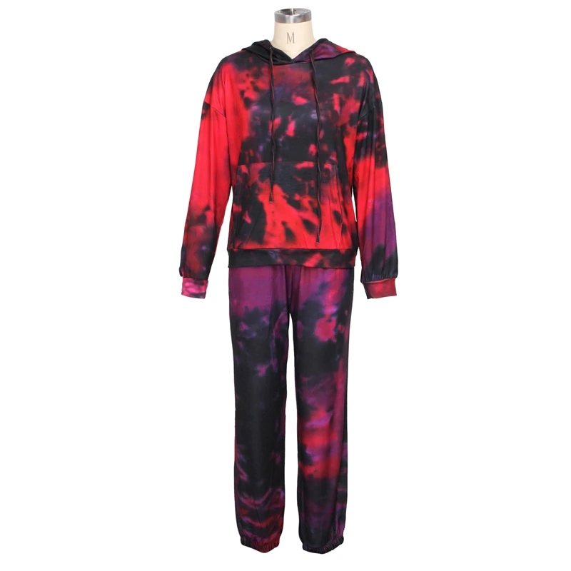 

HAOYUAN Casual Tie Dye Two Piece Set Long Sleeve Pocket Hoodies Top Sweatpants Women Fashion Clothing Fall Winter Matching Sets