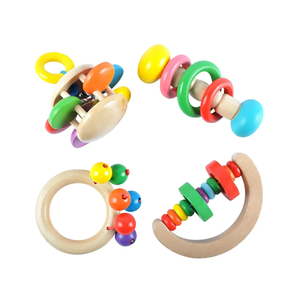 

4PCS Children's Wooden Hand-Cranked Rattle Bed Bell Kids Wooden Maracas Rattle Shakers Musical Educational Toys