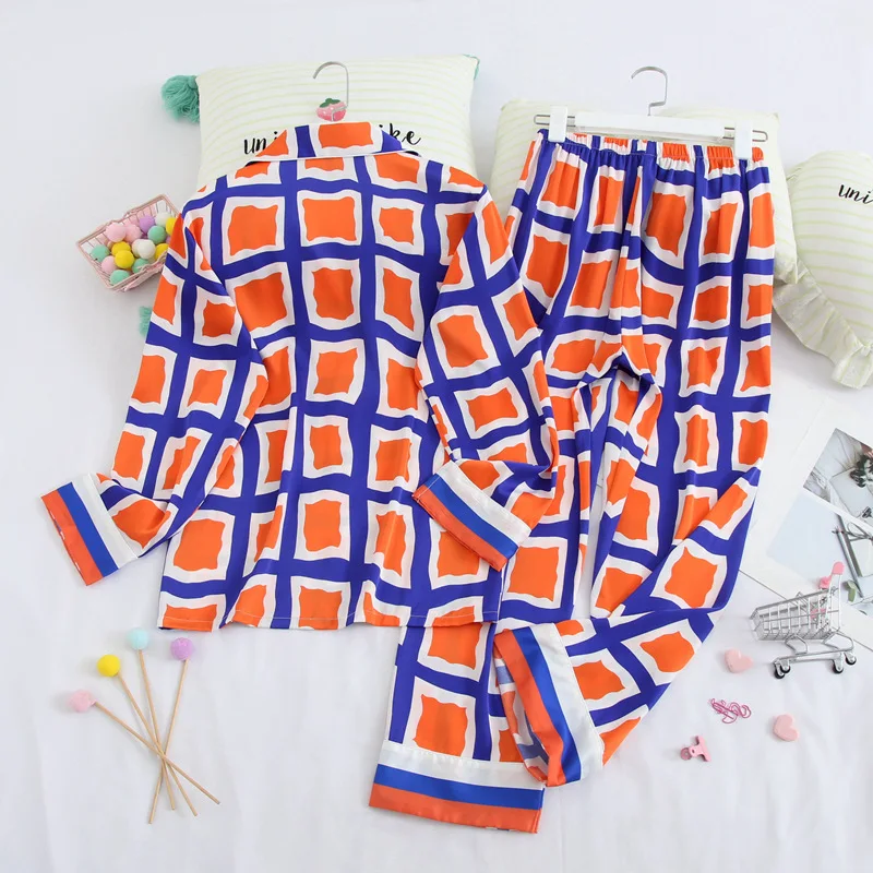 

Faux Silk Plaid Women 2PCS Pajamas Sets Sexy Pyjamas Nightwear Lingerie Sleepwear 2020 Autumn New Loose Home Wear Sleep Suit
