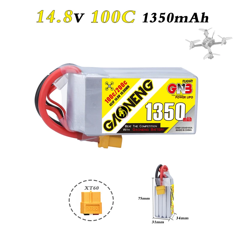 

Gaoneng GNB Lipo 14.8V 1350mAh 4S1P FPV Lipo Battery 4S Lipo 14.8V 100C with XT60 Plug For RC Drone Car Helicopter RC Parts