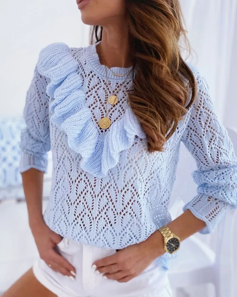 

Женский свитер с рюшами и длинным рукавом, повседневный трикотажный пуловер с вырезами, 2021