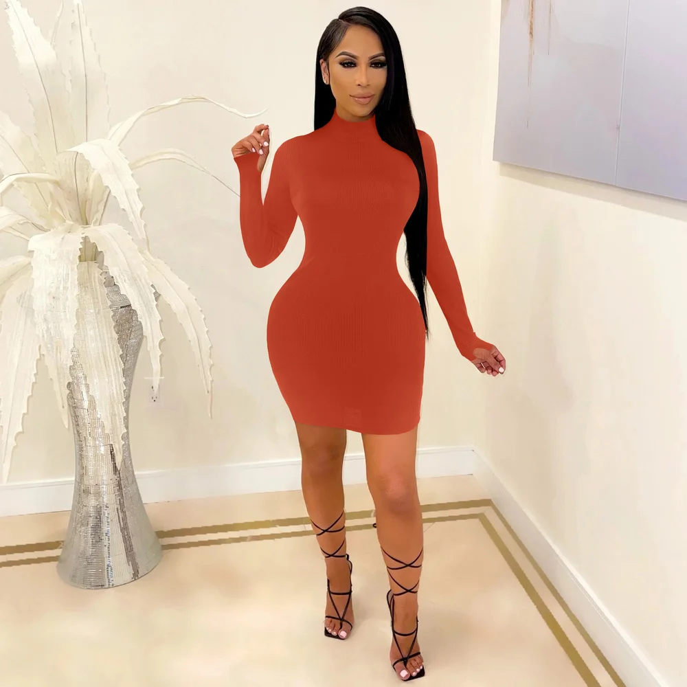 

Однотонное простое платье-футляр с высоким воротником и длинным рукавом, женские облегающие платья с высоким воротником, элегантное женско...