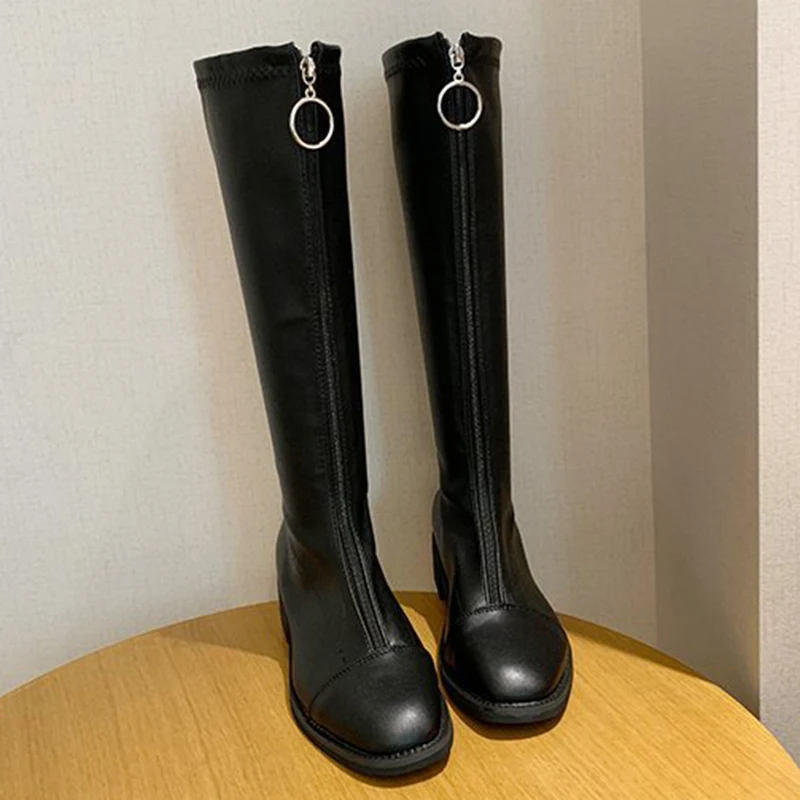 

Rimocy Fashion Front Zipper Knee High Boots Women 2021 Autumn Winter Block Heels Long Boots Woman Soft Pu Leather Female Shoes